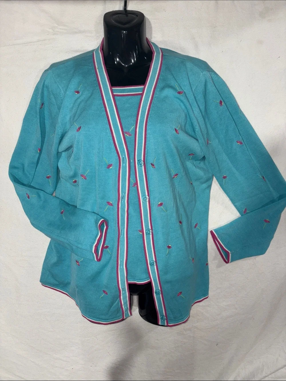 Vintage Quacker Factory Teal Floral Knit Sweater Vest Cardigan Set M